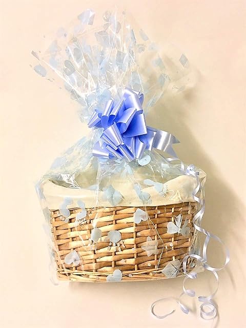 Chattels Make Your Own Maternity Hamper Kit, Oval High back Willow Basket Baby Blue Boy which includes Bow & Cellophane Small, Medium Or Large, Gift, Leaving Present, Baby Showers (Small Baby Blue)
