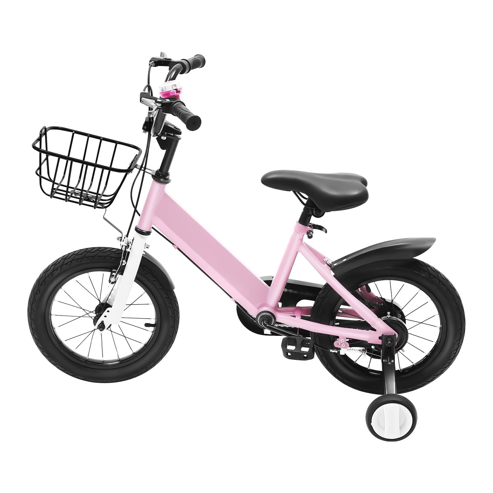 Bicicleta infantil de 14 pulgadas, con ruedines, cesta y borlas para el manillar en color rosa, para niñas y niños a partir de 3-5 años, manillar y asiento ajustables en altura, freno delantero