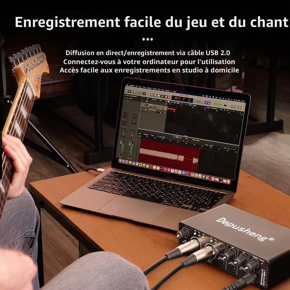 Depusheng RX2 USB interface audio ordinateur enregistrement carte son mélangeur audio, interface audio pour home studio, peut connecter un microphone à condensateur 48V, enregistrement de guitare
