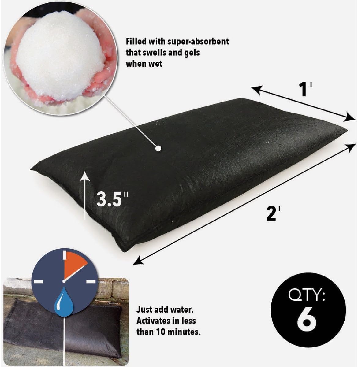 Pack of 6 Quick Dam Sandless Sand Bags 600mm Self Inflating No Sand Required! by Quick Dam