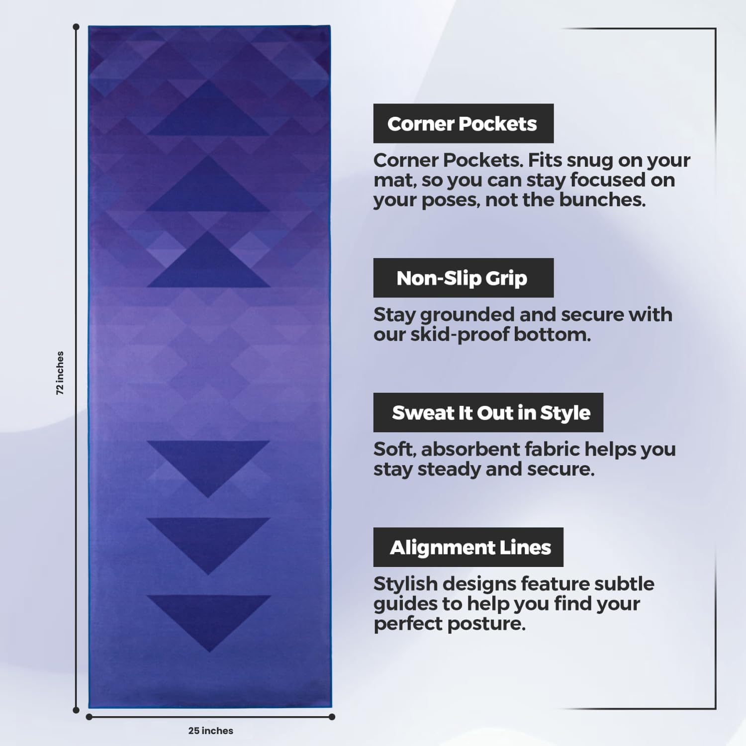 Yoga Grip - Toalla de yoga antideslizante con bolsillos en las esquinas, agarre antideslizante y líneas de alineación integradas, suave, absorbe la humedad y absorbe el sudor, no se amontona, se