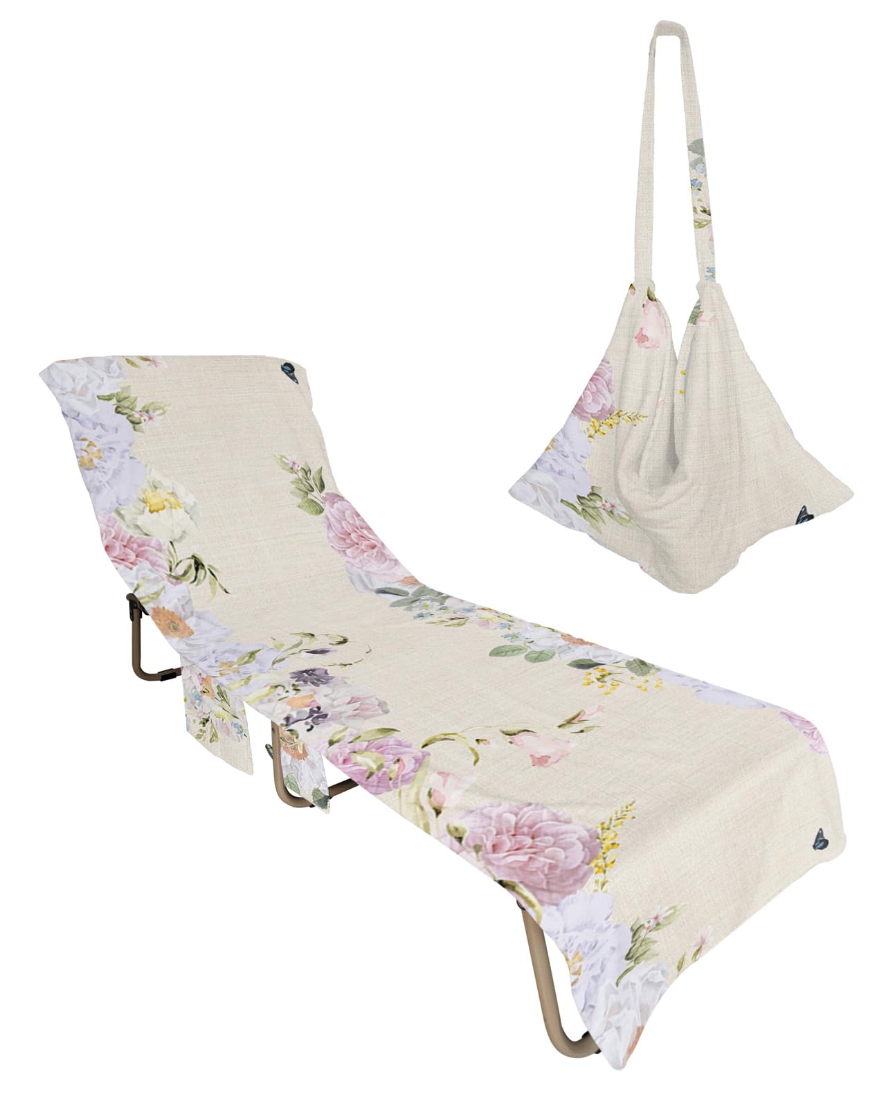 Spring Floral Beach Lounge Chair Towel Cover, Soft Chaise Lounge Towel with Side Pockets Patio Pool Chairs Cover for Beach/Pool Sunbathing 29x85 Rustic Elegant Summer Botanical Butterfly