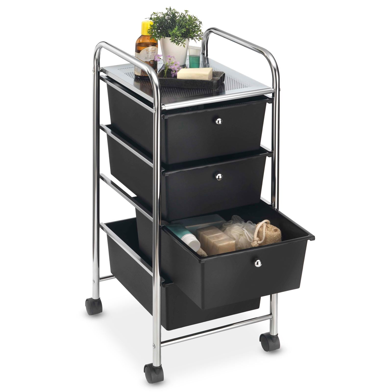 IDIMEX Caisson sur roulettes GINA Chariot avec 4 tiroirs en Plastique Noir et 1 étagère, Meuble de Rangement pour Salle de Bain en métal chromé