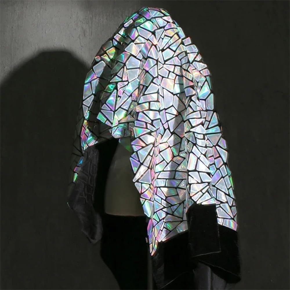 Iridescent Geometry Sequin Fabric,2 Way Sequin Velvet Background Cloth,​​Laser Reflective Sequin Fabric for DIY Costumes, Dancewear, Party Decor (Iridescent White, 2 Yard pre Cut)
