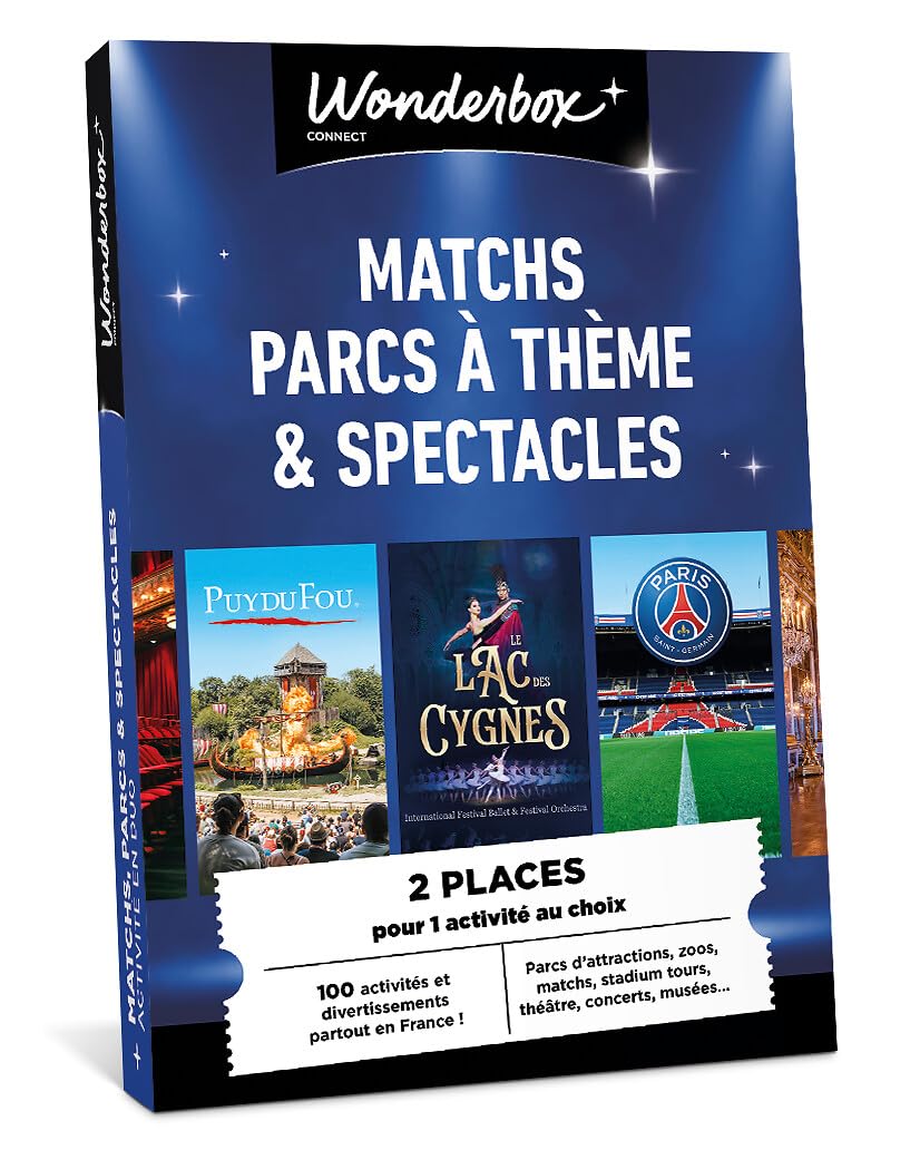 Wonderbox Connect - Coffret Cadeau - Matchs, Parcs à Thème & Spectacles en Duo - 2 entrées pour Un Parc d'attraction ou 2 Places pour Un Match ou Un Spectacle - Partout en France - Validité 27 Mois