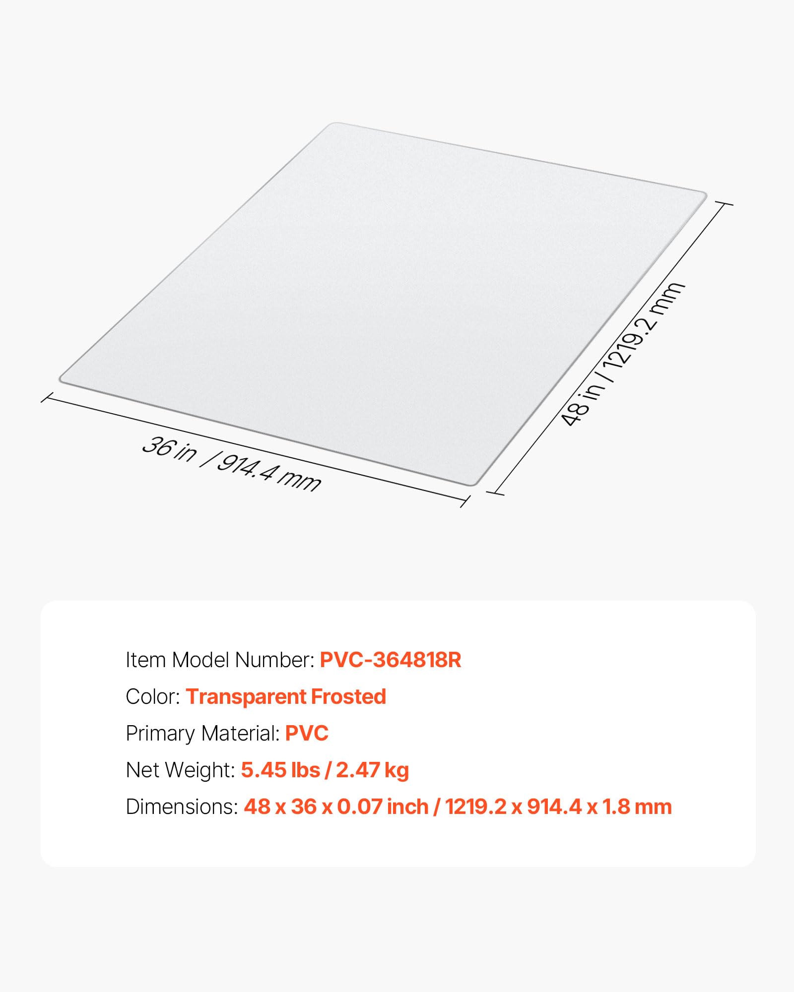 VEVOR Tappetino per Sedia 1220 x 922 mm Tappeto Sedia Ufficio per Pavimenti Duri, Trasparente, Protezione per Sedie a Rotelle, Antiscivolo e Facile da Pulire, per l'Ufficio Domestico, Rettangolare
