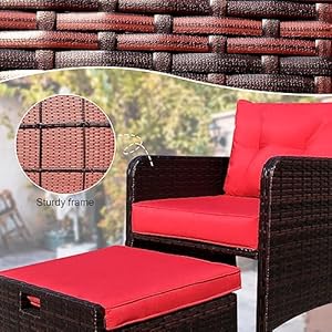 Outdoor Furniture 5 Piece Patio Conversation Set, PE Wicker Rattan Lounge Chairs with Ottoman - for Porch Lawn Garden Balcony Poolside (Red) Outdoor Furniture 5 Piece Patio Conversation Set PE Wicker Rattan Lounge Chairs with Ottoman for Porch Lawn Garden Balcony Poolside Red