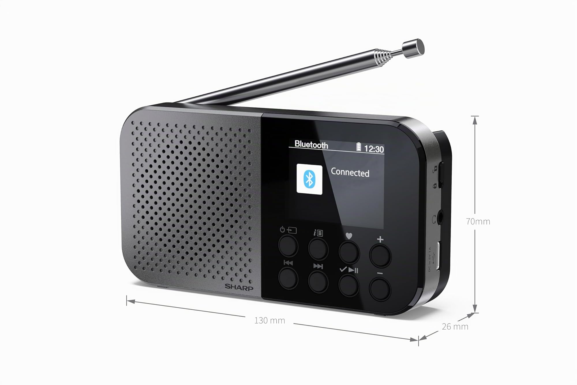 SHARP DR-P520(GY) Osaka Pocket Digital Radio, Dab+, Dab and FM with RDS, BT 5.3, 2" Color Display, USB-C Power or Built-in Lithium Battery, Built-in Speaker, Mini Jack, Key Lock