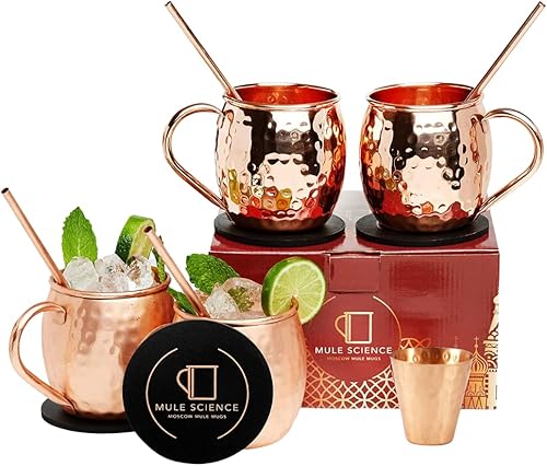 Moscow Mule - Juego de 4 tazas 100 hechas a mano Seguro para alimentos Tazas de cobre con accesorios adicionales Tazas de cobre resistentes al
