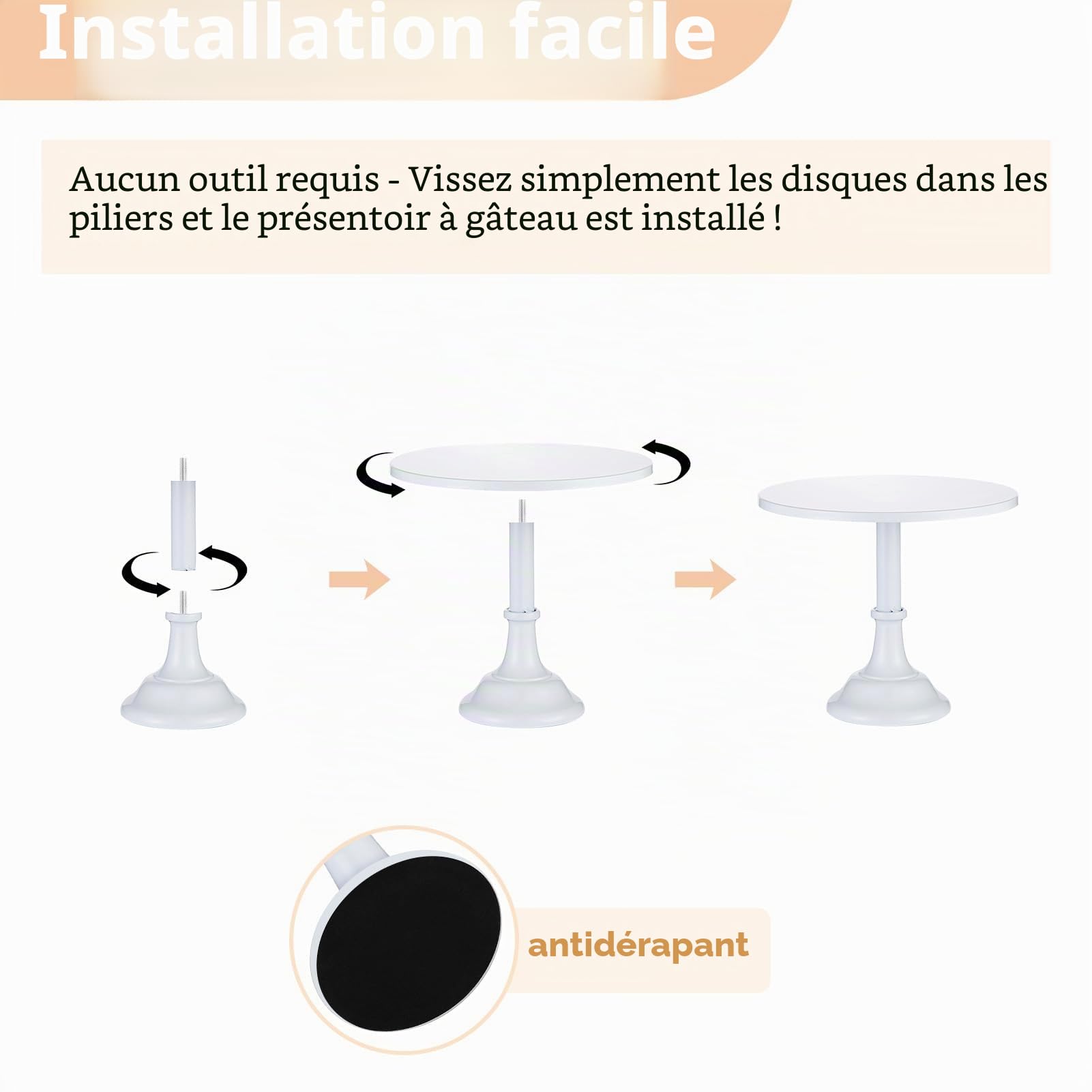 NUPTIO Présentoirs à Gâteau 3 Pièces Rond: Métal Support à Gâteau 3 Niveaux Blanc Plateaux Doré Brossé Desserts Simple Design
