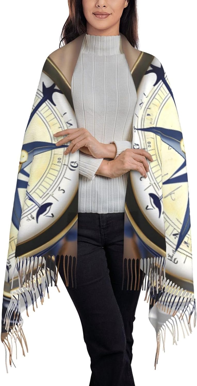 Sail Boat Nautical Compass print Fashion Women Scarf Christmas Winter Scarf for Women Men Long Scarf with Tassels Shawl Wrap