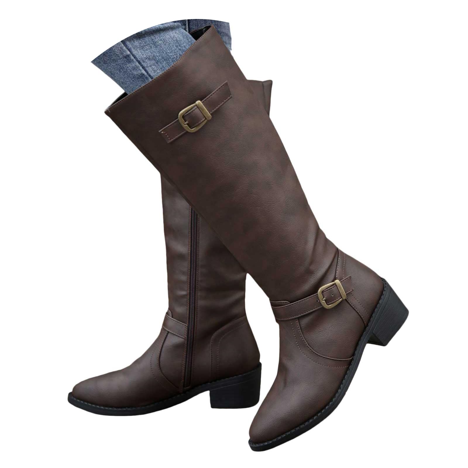 ZSpzx Women Retro Knee High Boots Wide Calf Leather Riding Booties Buckle Strap Chunky Block Heel Pointed Toe