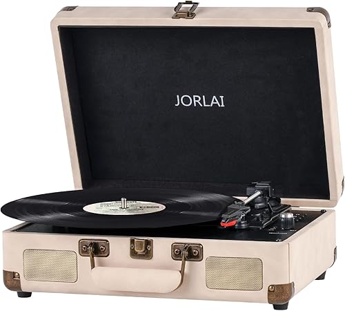 Miniatura 15 de Tocadiscos de vinilo de 3 velocidades portátil tipo maleta con Bluetooth, batería recargable, conectores Aux/RCA/auriculares, diseño retro compacto