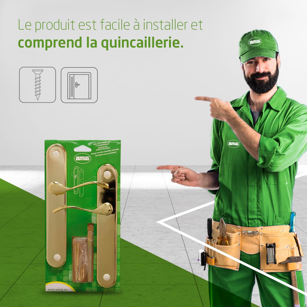 Amig - Lot de 2 poignées de porte - Poignées décoratives pour portes intérieures - Installation facile et utilisation confortable - Rosace Ø 65 mm - Zamak - Finition chromée mate