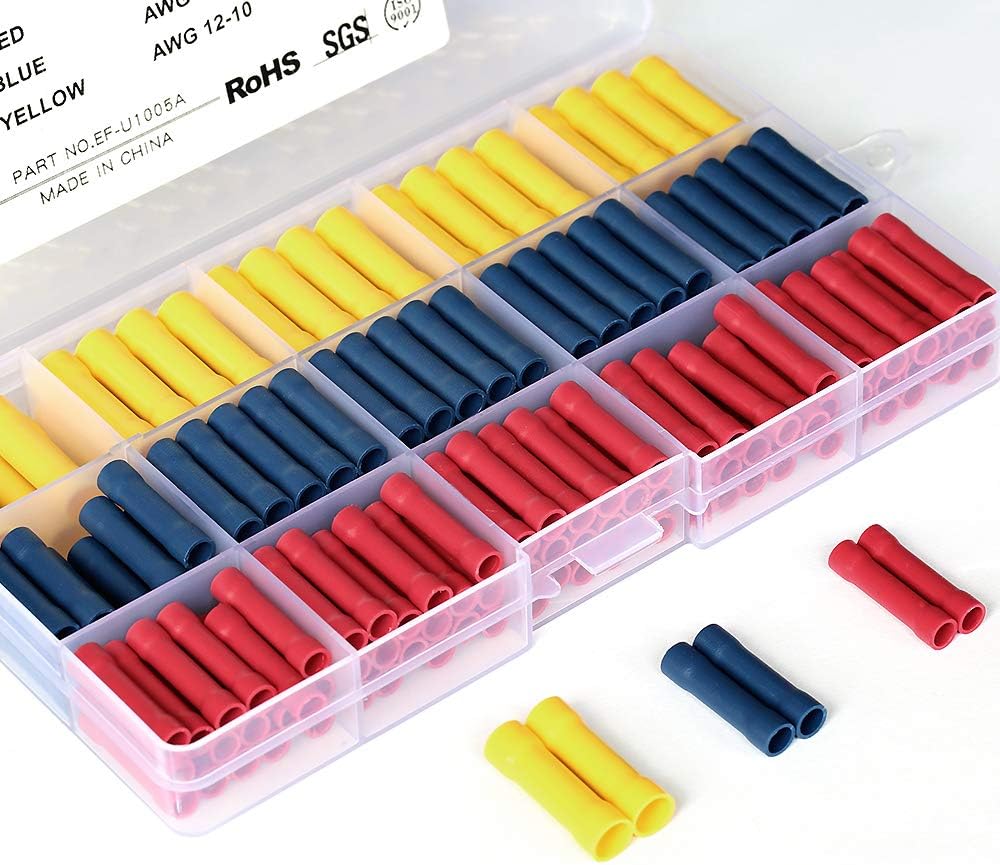 ELECFUN 200 pcs Butt Splice Crimp Connectors Kit, 10-22 AWG Wire Crimps Connector Red Blue Yellow Terminal Kits, Fully Insulated Barrel Electrical Wiring Terminals for 22,20,18,16,14,12,10 Gauge Wires