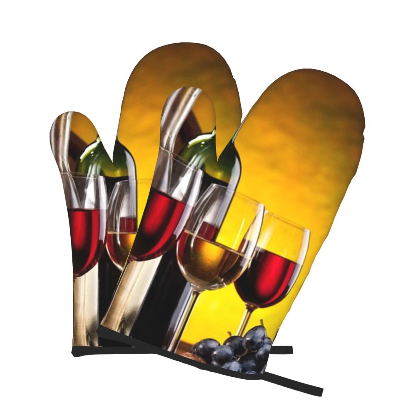 Oven Mitts Set of 2 Pcs, Grapes Wine Bottles and Drink Prints Heat Resistant Kitchen Gloves for Cooking Baking Grilling