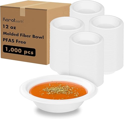 KARAT EARTH KE-BBR12-1C PFAS - Cuenco redondo desechable compostable ecológico de 12 onzas, 1 compartimento, color blanco, caja de 1000 unidades