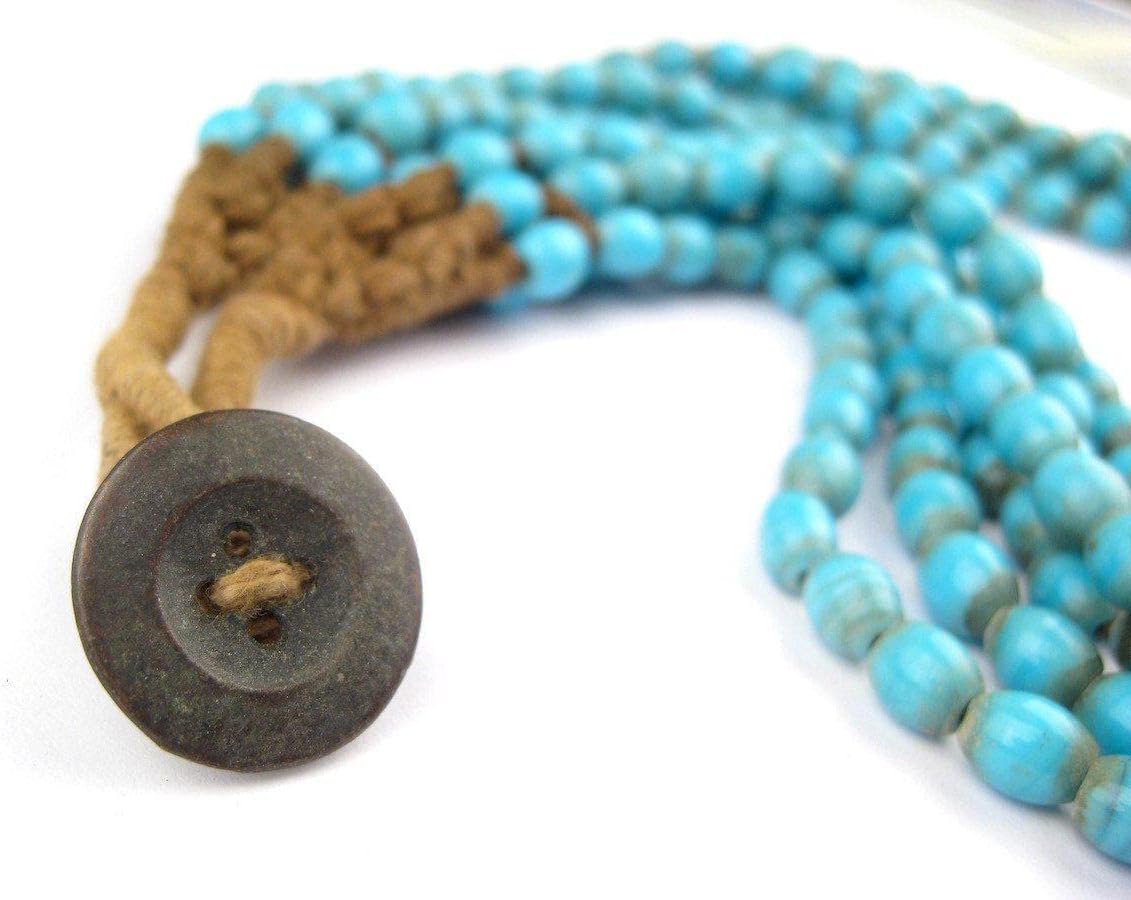 The Bead Chest Naga Glass Beaded Necklace - Authentic Vintage Beads - Handmade Ethnic Multi-Strand Jewelry (Blue Turquoise)