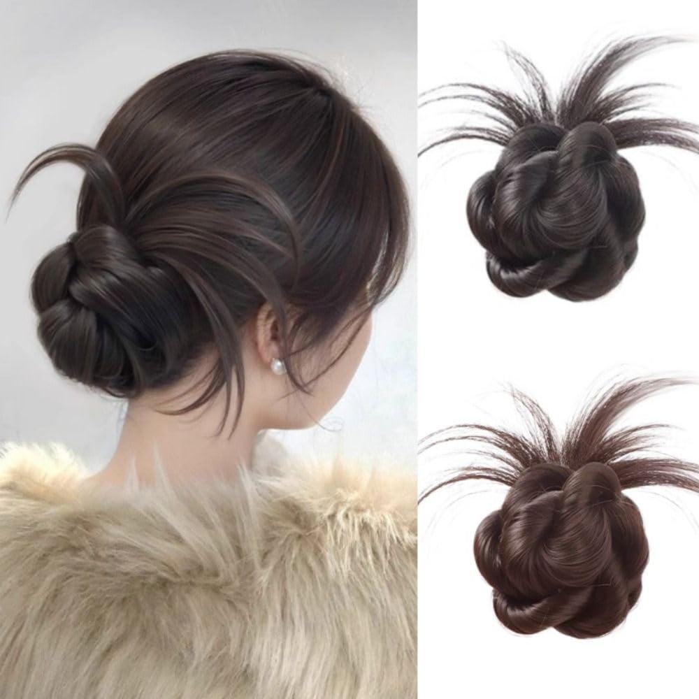 Vctitil 2 Pcs Hair Buns, Claw Clip Fake Hair Bun Extension, Low Claw Chignon, Synthetic Ponytail Hair Bun for Women's Daily Use(Brown&Black, Dark Brown)