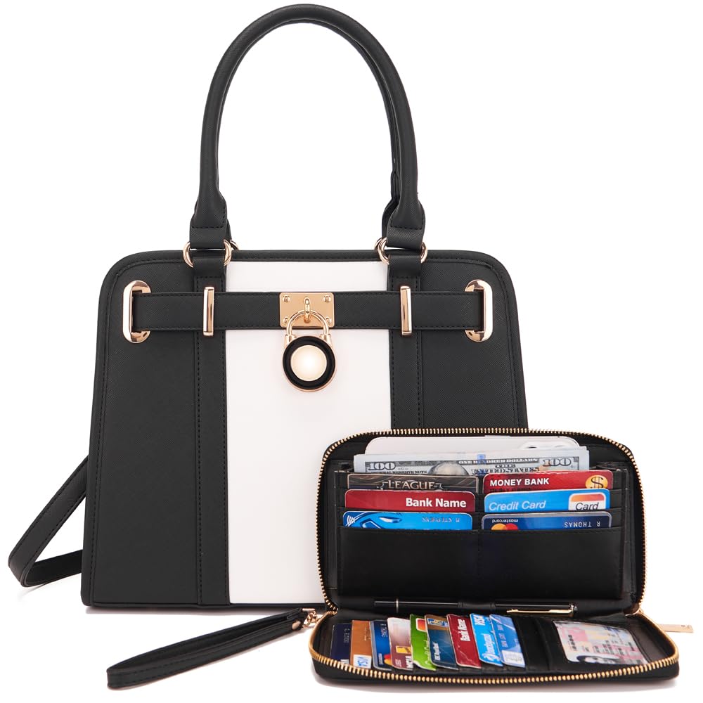 Handbags Sets For Women Shoulder Bags Top Handle Work Satchel Tote Purses Set With Matching Wallet 2pcs: A631-2pcs/Set Blackwhite