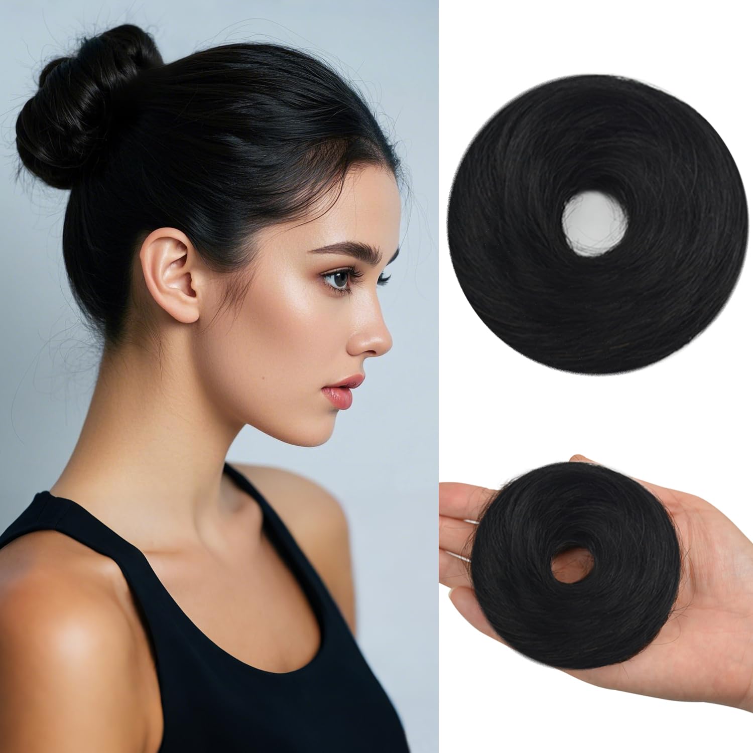 Human Hair Bun Messy Bun Straight Hairpiece 100% Real Human Hair with Elastic Rubber Band for Women Bun Extensions (#1 Jet Black)