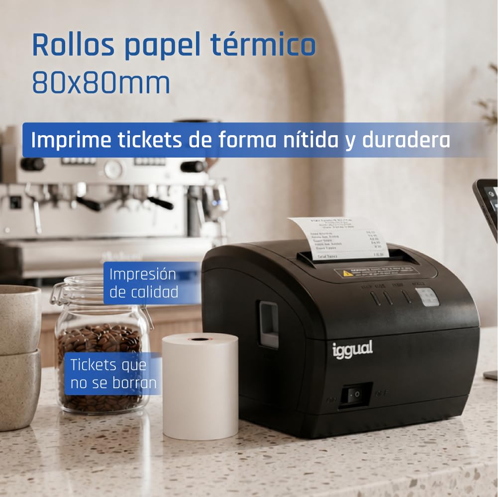 iggual - Rollo de Papel Térmico 80x80x13 para Ticket Impresora Tpv, Caja Registradora, Epos. El papel no Contiene Bisphenol A (BPA), Pack: 50 Unidades.