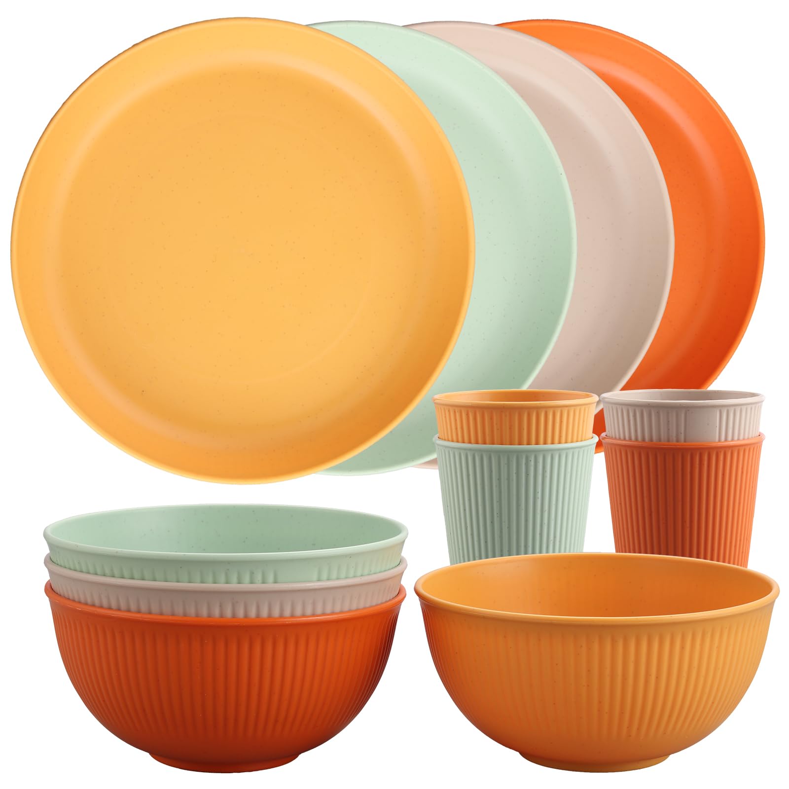 Tanice Juego de vajilla de plástico, 12 platos y cuencos para niños, platos de plástico para cocina y campamento al aire libre
