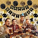 Birthday Decorations for Men Women, Black and Gold Party Decorations, Happy Birthday Banner with Black Gold Balloons Tablecloth Pom Poms Confetti Foil Fringe Curtains, Men Golden Bday Party Decor - Image 4