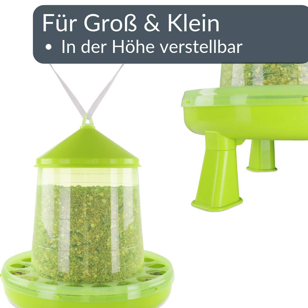 Futterautomat mit Füßen mit 2, 4, 8, 12 und 16 kg grün I Hühner, Geflügel Futterspender I Automatischer Spender für Hühnerfutter I Futterstation aufhängbar I Wasserdichter Automat (8 kg)