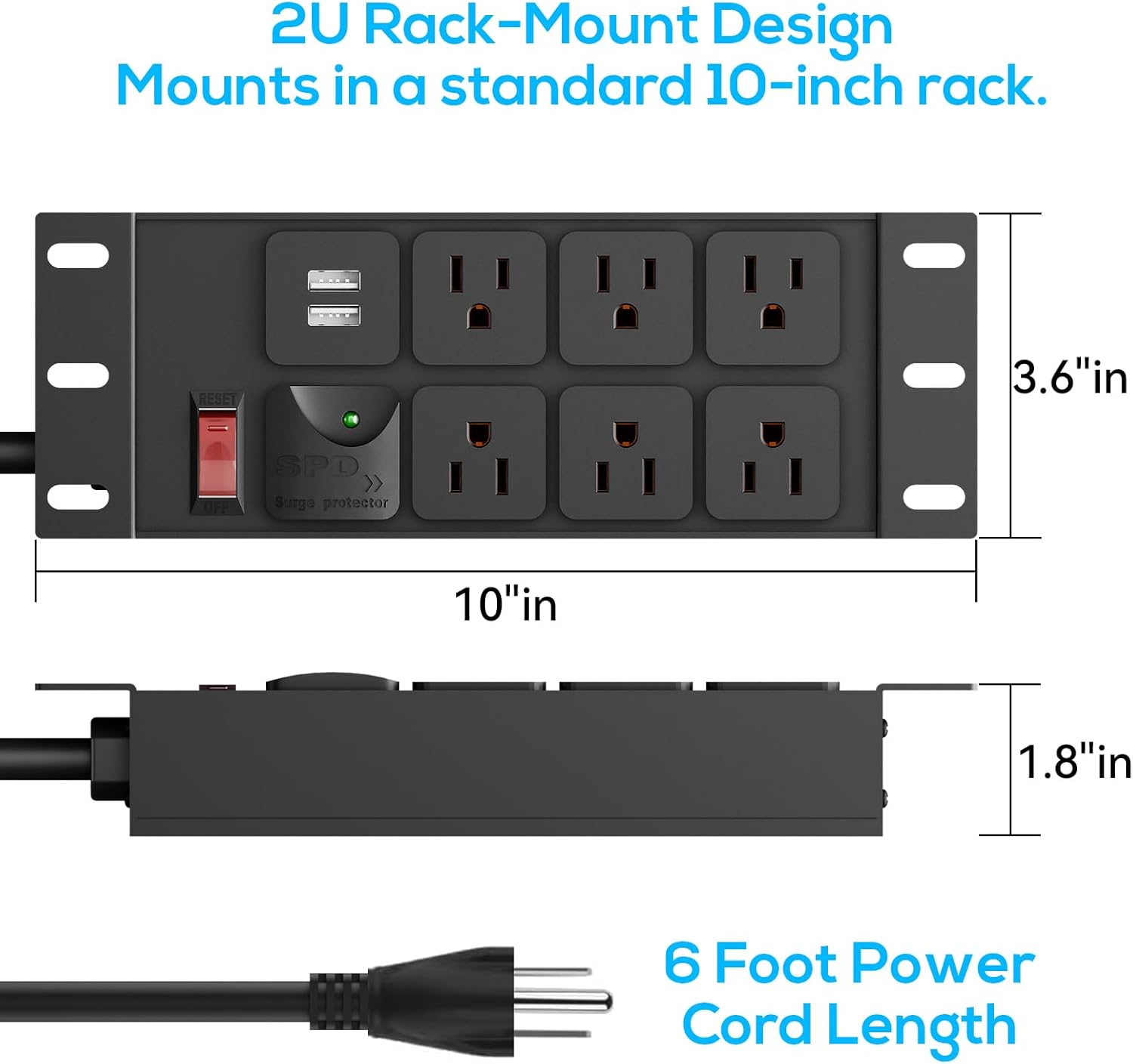 10" Rack PDU- 2U (6Outlets), Rack Power Distribution Unit with 1020J Surge Protection (125V/15A 14AWG 6ft Cable) and 2 USB-A, Rack Mount for10 Mini Server Rack Accessories,Network Cabinets/Rack/Self