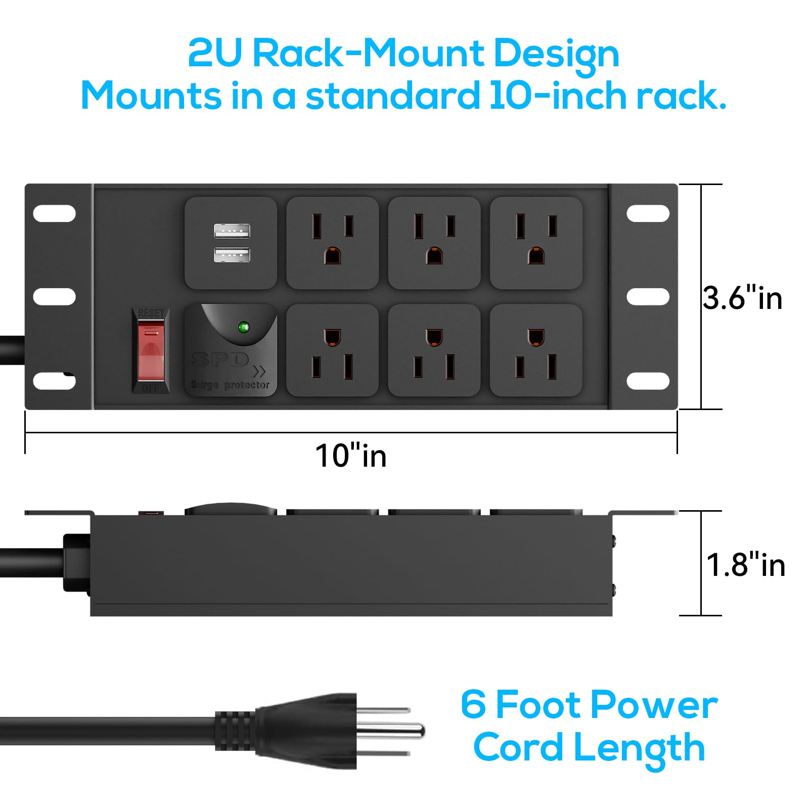 PDU para rack de 10 pulgadas, 2U (6 tomas), unidad de distribución de energía en rack con protección contra sobretensiones 1020J (cable de 125 V/15 A 14 AWG) y 2 USB-A, montaje en rack para 10