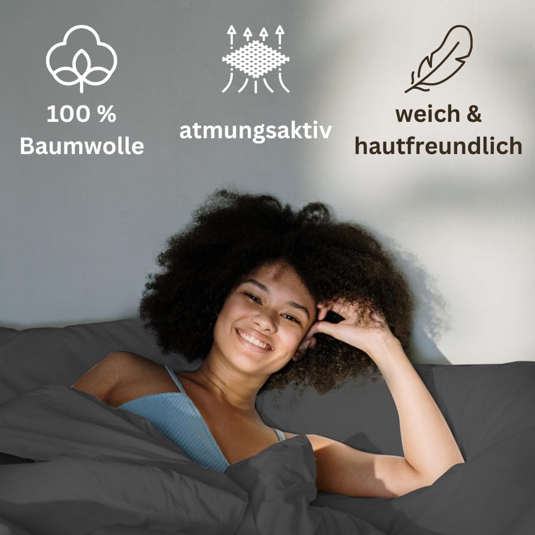 Homesty Ropa de cama premium de 155 x 220 cm + 1 funda de almohada de 80 x 80 cm – 100% algodón, Colchas Funda Nórdica de 2 piezas Öko Tex con cremallera YKK, antracita suave y transpirable