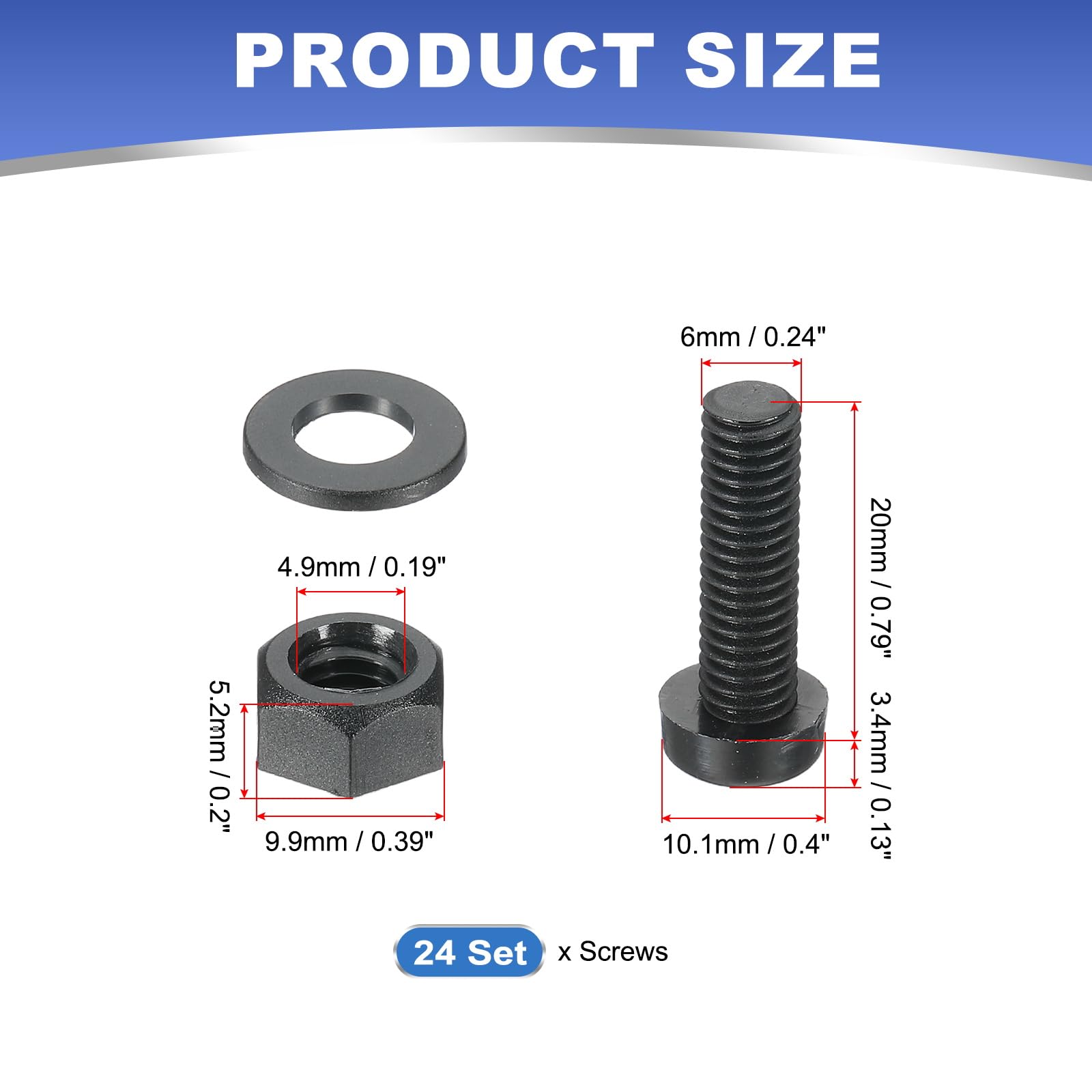 PATIKIL M6x20mm Black Nylon Bolts Plastic Nuts Full Thread Head Screws, 24 Pcs, M6*20mm - Image 2