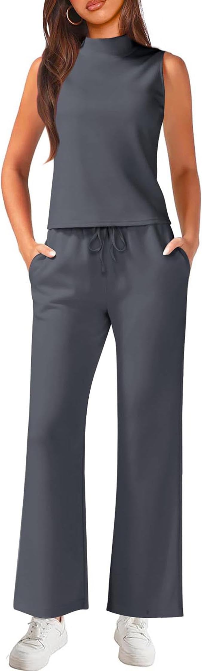 KIRUNDOWomens 2 Piece Outfits 2024 Summer Dressy Casual Mock Neck Tank Top Cropped Wide Leg Pants Lounge Sets Tracksuit