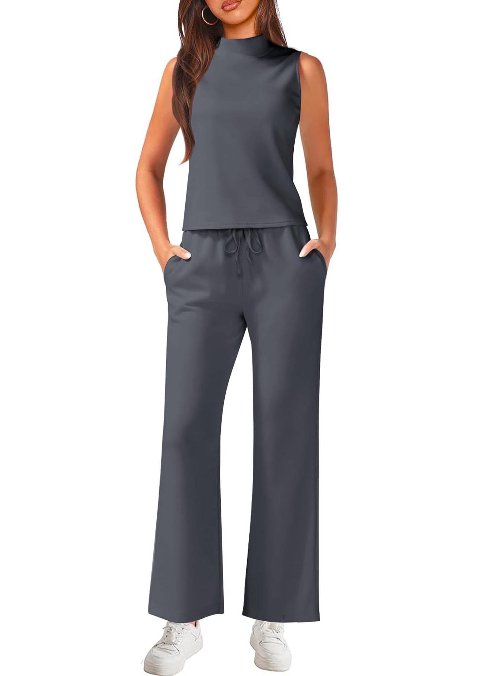 KIRUNDOWomens 2 Piece Outfits 2024 Summer Dressy Casual Mock Neck Tank Top Cropped Wide Leg Pants Lounge Sets Tracksuit