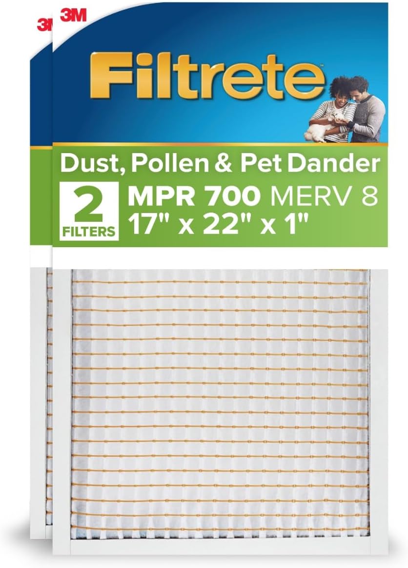 Filtrete 17x22x1 AC Furnace Air Filter, MPR 700, MERV 8, Tough on Pollen, Easy on Airflow, 3-Month Pleated 1-Inch Electrostatic Air Cleaning Filter, 2-Pack (Actual Size 16.69 x 21.69 x 0.81 in)