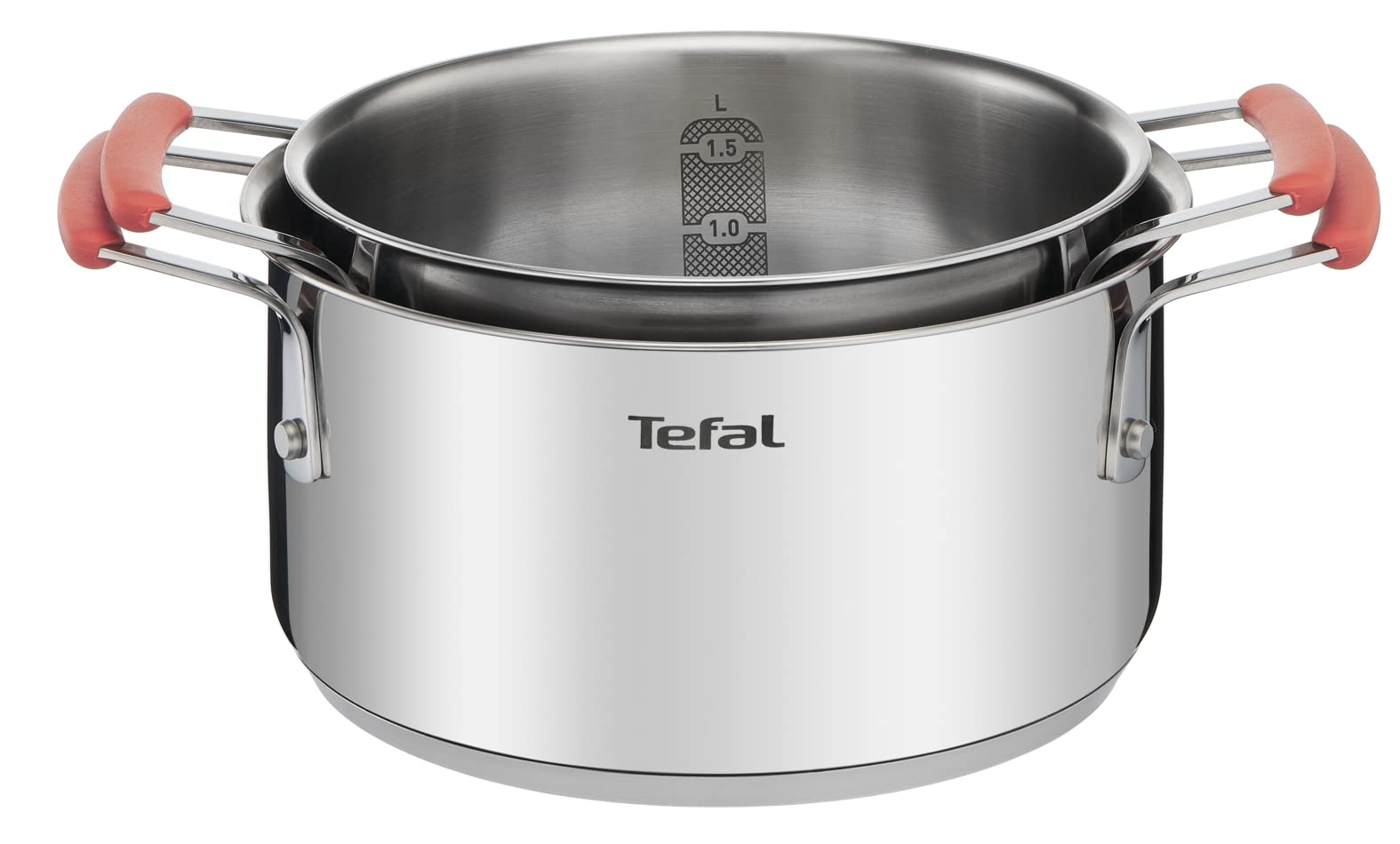 TEFAL G720S604 Opti'Space Zestaw Garnków i Patelni, układanie stosy, stal nierdzewna 18/10, grube dno Thermo-Fusion, do każdej kuchenki, skala pojemności, nienagrzewające uchwyty, 6 elementów, srebrny