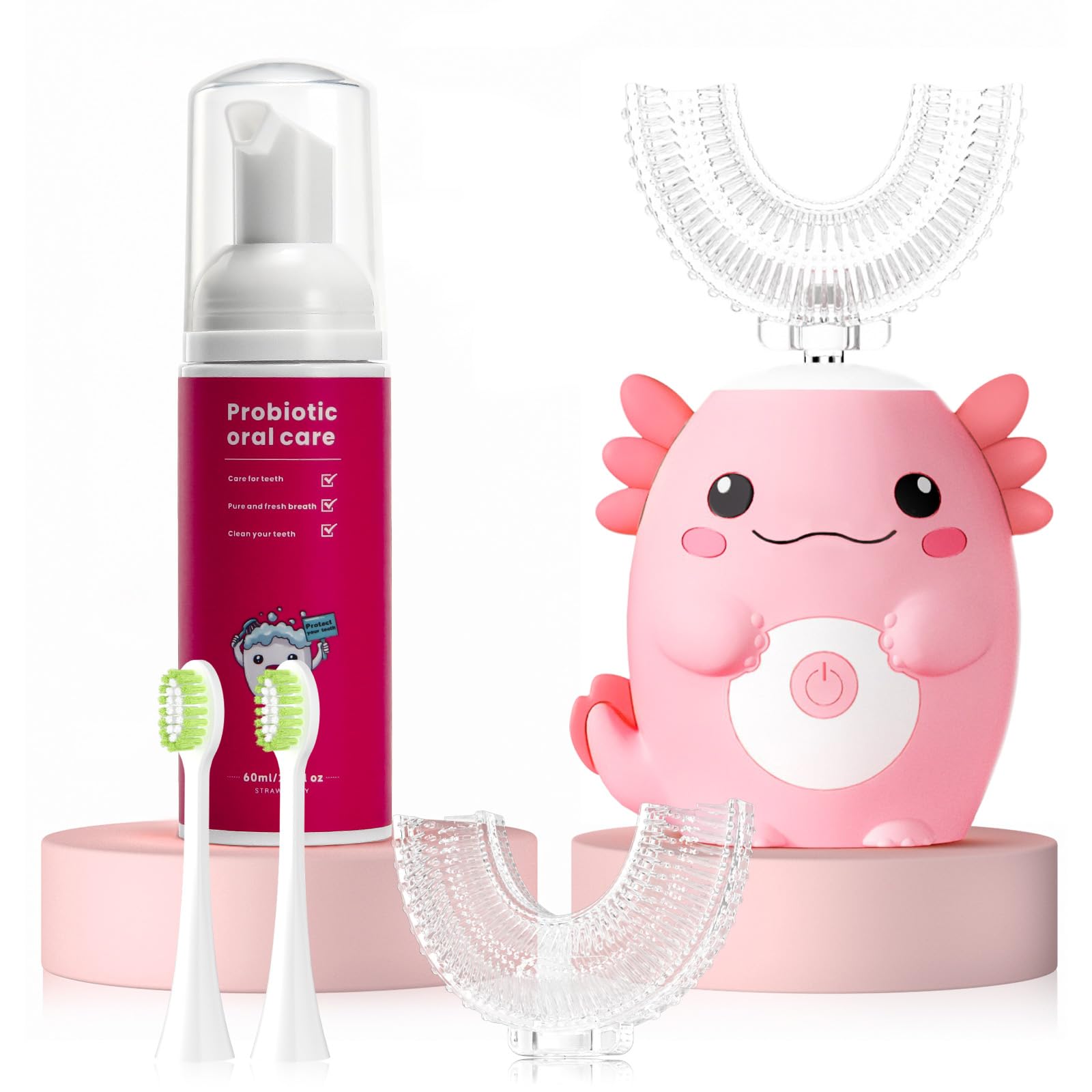 Spazzolino elettrico a forma di U per bambini, Axolotl Sonic a bocca intera, con 4 testine morbide, 6 modalità di pulizia, IPX7, impermeabile, pulizia a 360 gradi, età 2-15 anni, rosa
