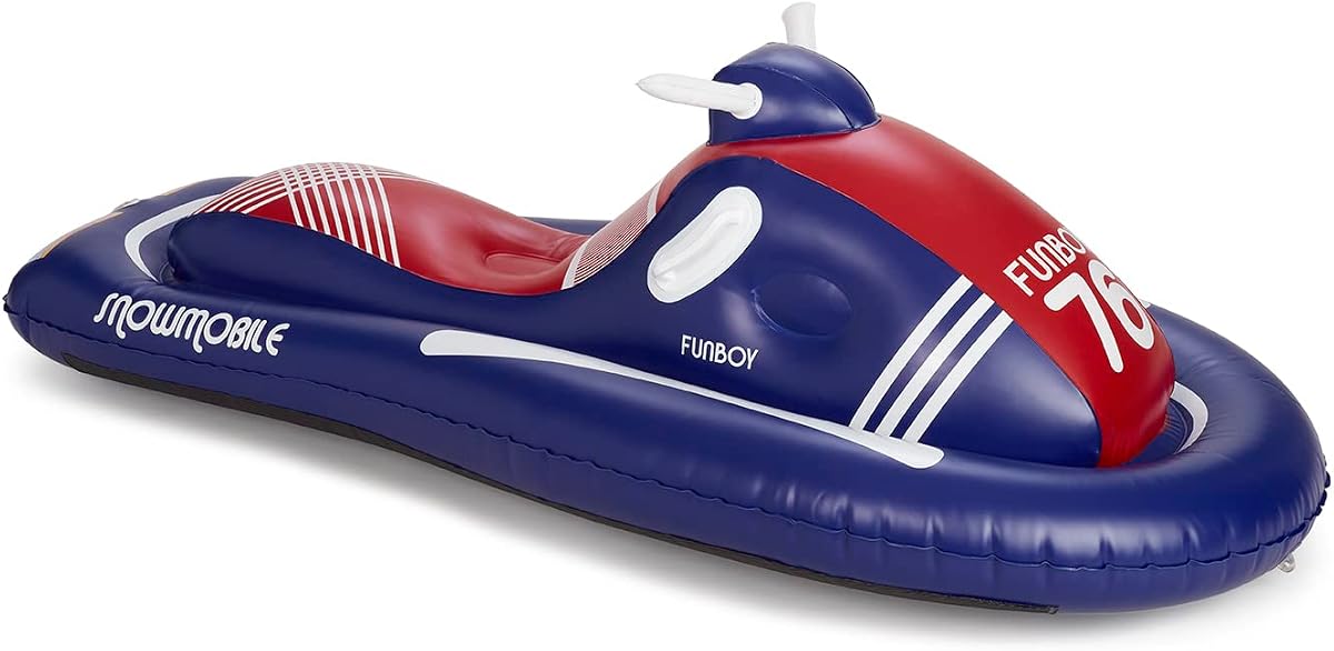 FUNBOY 68" Inflatable Retro Snowmobile Winter Snow Sled, 2 Person Capacity, with Grooved Rubber Base Tracks, 2 Handles, and Hand Pull Rope
