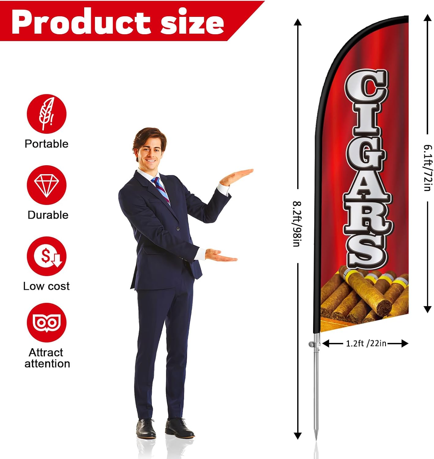 Cigars Flag for Business, Cigars Signs, 8FT Polyester Advertising Swooper Flag with Aluminium Alloy Flag Pole Kit, Stainless Steel, Ground Spike, Portable Bag