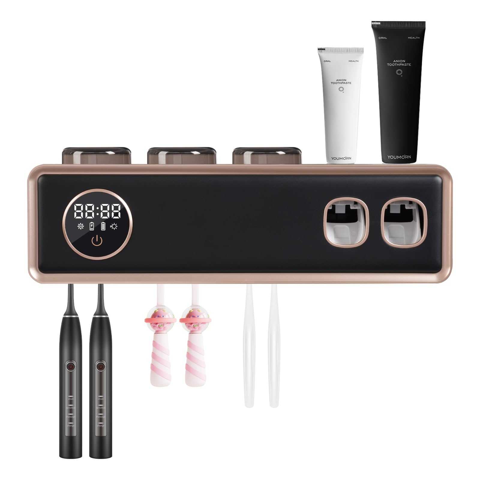 Dispensador de pasta de dientes automática UV para cepillos de dientes de pared con pantalla LED USB, batería para cepillo de dientes eléctrico para cocina, cuarto de baño, hotel (negro)