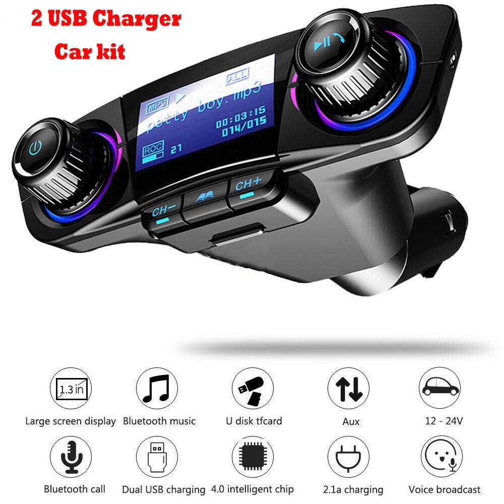 Kit de transmisor FM manos libres inalámbrico para coche Reproductor de MP3 Cargador USB doble AUX Coche compatible con Bluetooth Auto Audio Aux Pantalla LED