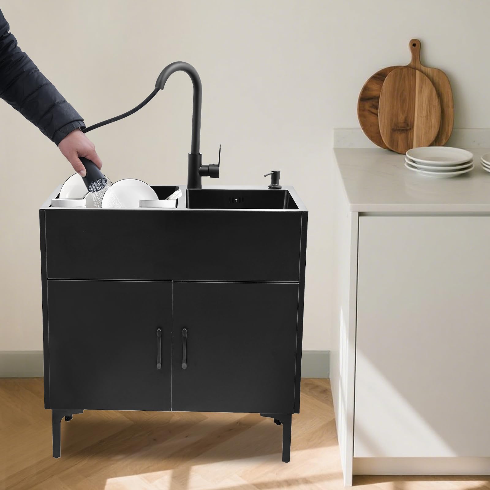 Lavabo da Esterno Indipendente con 360 ° Rubinetto 75x41x78CM | in acciaio inox, con 2 vasche (bianco), per Giardino Cucina Campeggio Esterno