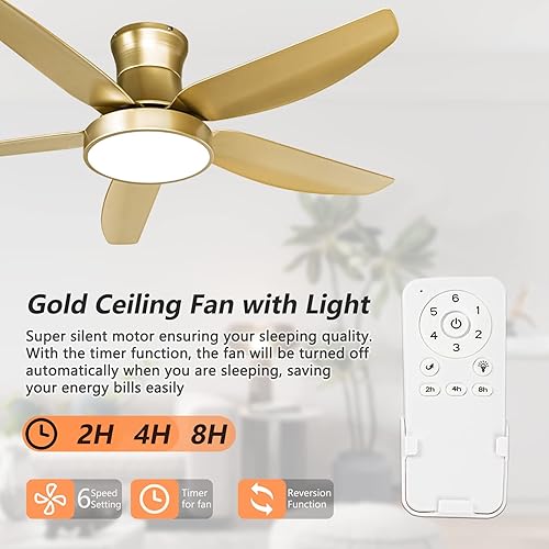 Miniatura 6 de Ventilador de techo dorado de 52 pulgadas con control remoto de luces, ventilador LED moderno de perfil bajo, kit de luz de ventilador de techo de