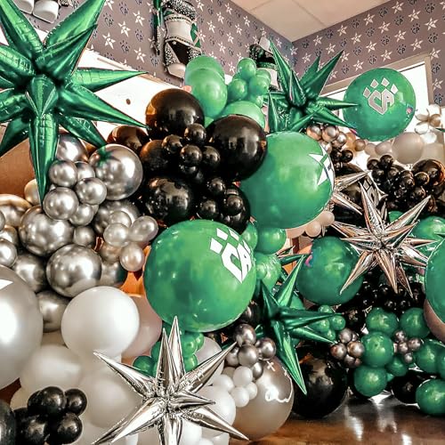 Image of PartyWoo Green Star Spike Balloons 6pcs Explosion Foil Mylar Balloons | 27 22 Inch for Birthday Baby Shower Wedding Graduation Woodland Dinosaur Jungle Theme Bridal Shower Party Decorations