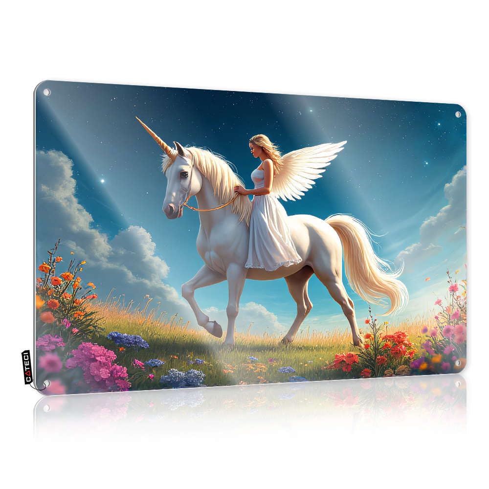 Signs Statue Wall Decor | A Woman Rides A Winged Unicorn Through A Field Of Flowers. Western For Restroom Home(30X40CM)