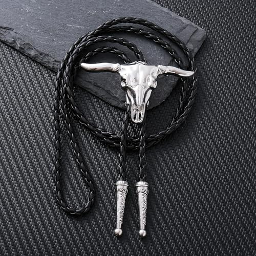 Image of GelConnie Longhorn Bull Bolo Tie for Men Native American Western Cowboy Leather Necktie Bolo Necklace for Women Gold Texas