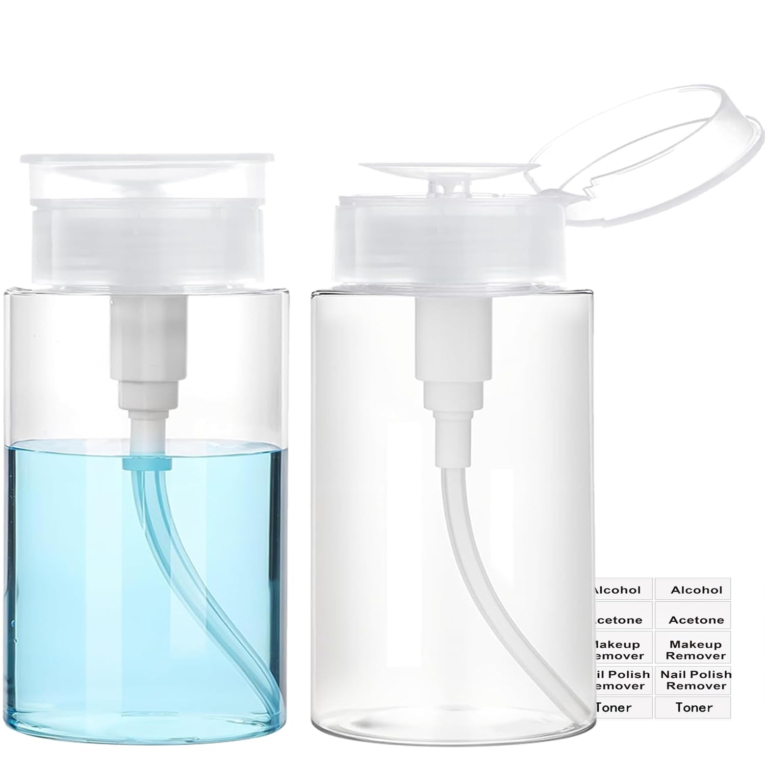 Push Down Pump Dispenser, 5.1oz Clear Pump Bottles with Alcohol, Acetone, Nail Polish Remover, Makeup Remover, Toner Stickers Empty Push Top Container