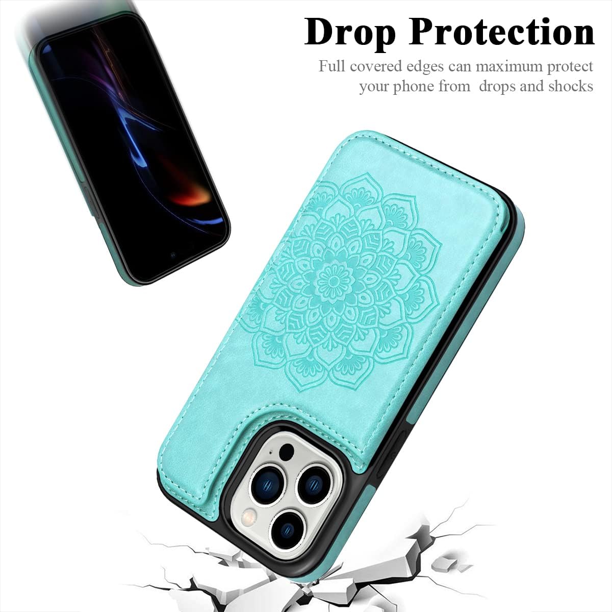 MMHUO for iPhone 14 Pro Case with Card Holder, Flower Magnetic Back Flip Wallet Case for Women, Protective Case Phone Case for iPhone 14 Pro,Mint - Image 6