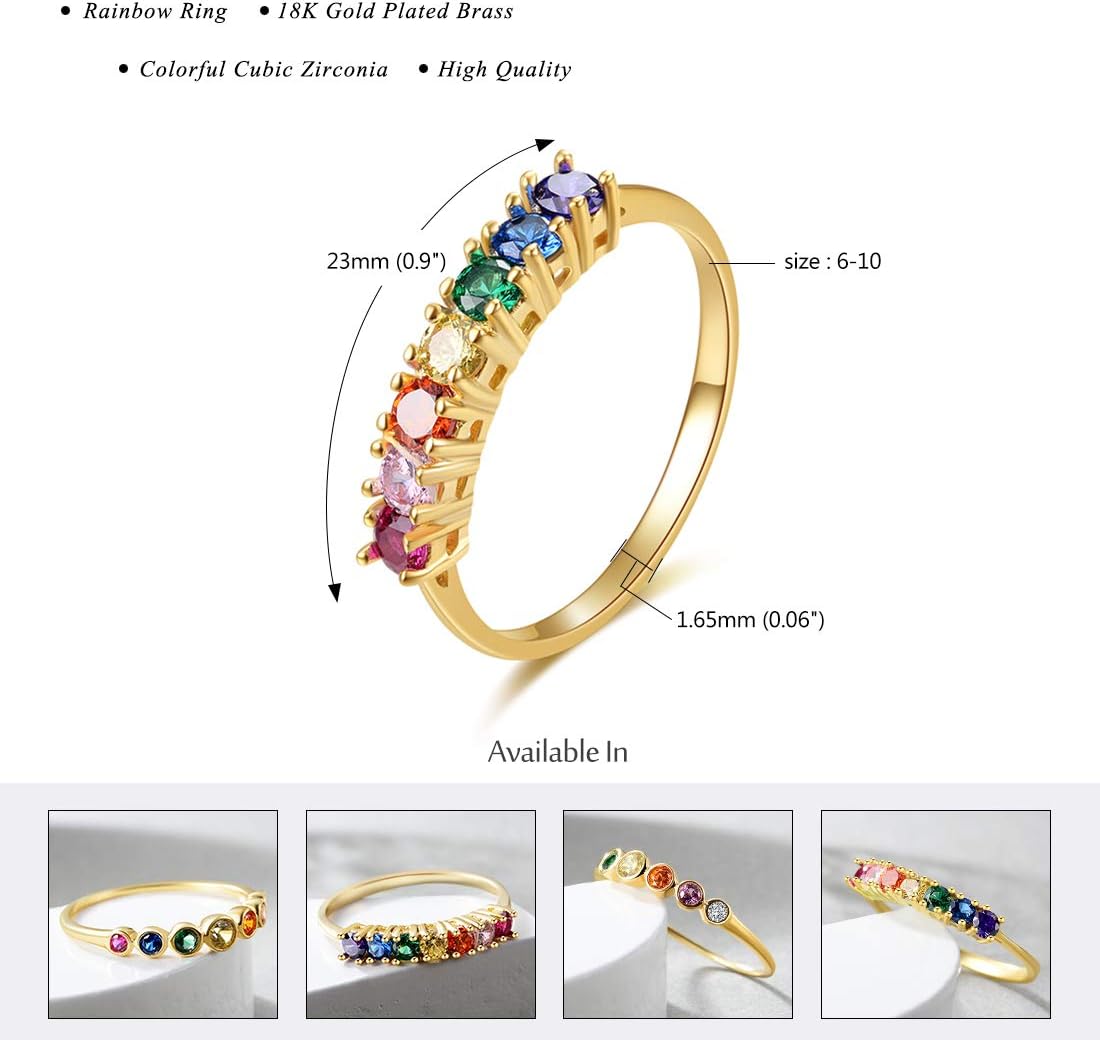 E Gold Rings for Women, 14K Gold Plated Rainbow Band Rings Eternity Thumb Rings Wedding Round Cubic Zirconia CZ Rings Dainty Colorful Rings Jewelry Gifts for Her - Image 5